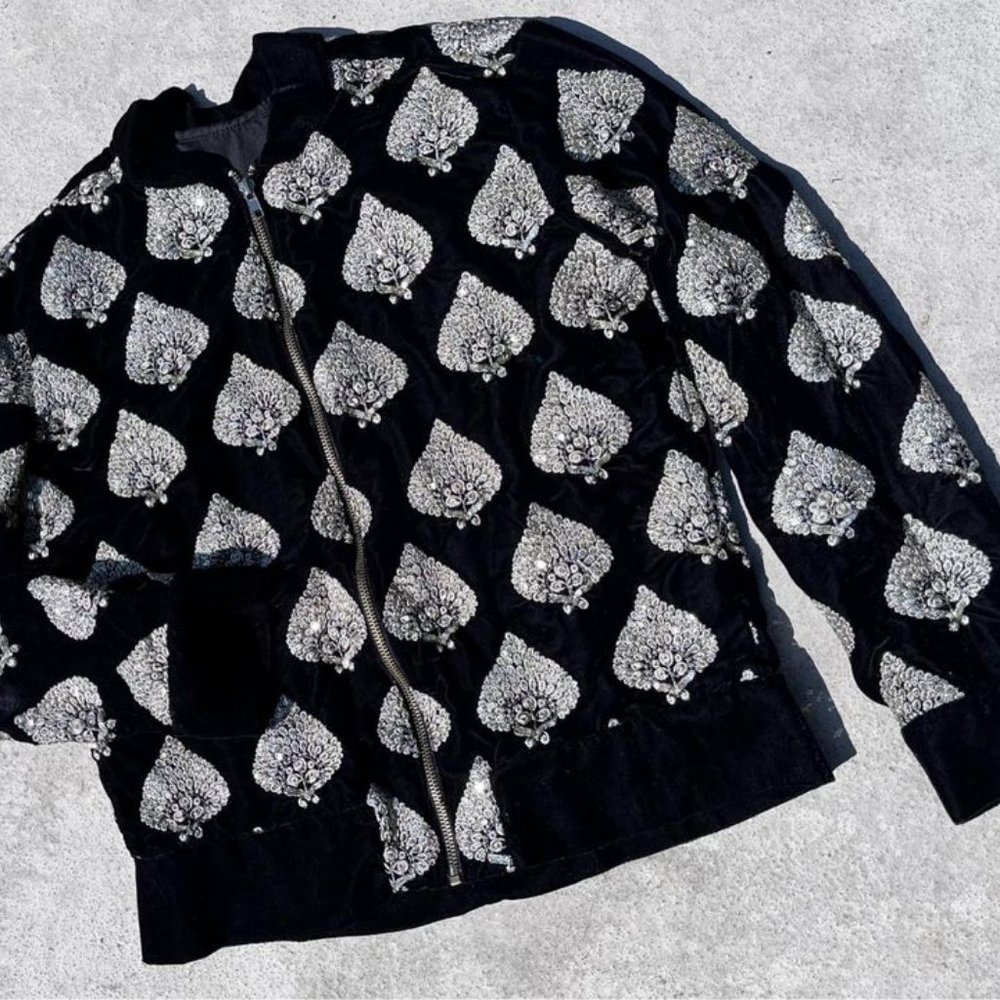 Luxury embroidered velvet bomber jacket